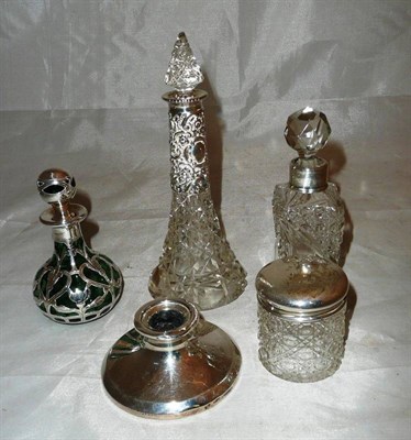 Lot 170 - Three silver-mounted scent bottles, a small silver-topped jar and an inkwell