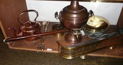 Lot 182 - Assorted brass and copper including a kettle, samovar, shell case, warming pan, resin stand...