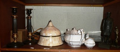 Lot 183 - Shelf including pair of Regency style candle sticks, five glass bottles bearing date 1791, Japanned