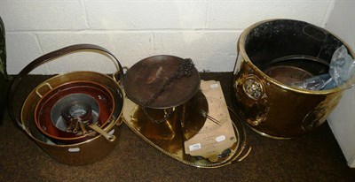 Lot 193 - A pair of number 60 T Salter trade balance jam pans, copper coal bucket, trivet tray etc