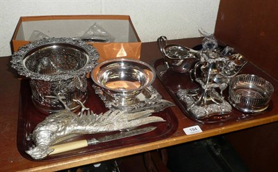 Lot 194 - A quantity of assorted silver plate including bottle coaster, sauce boats, flat ware etc