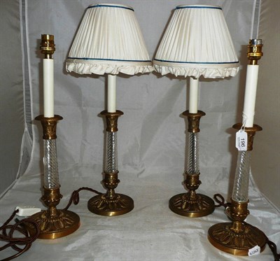 Lot 196 - Two pairs of glass and gilt metal table lamps and two shades