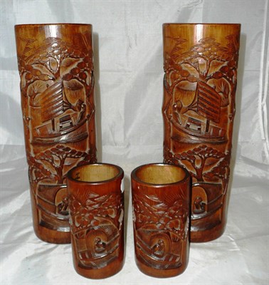 Lot 198 - Pair of Chinese carved bamboo brush pots and a similar pair of larger vases