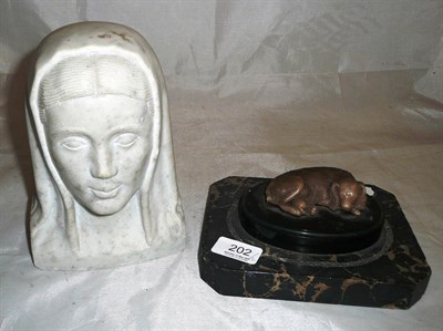 Lot 202 - White marble bust of a lady and a wax model of a recumbent spaniel