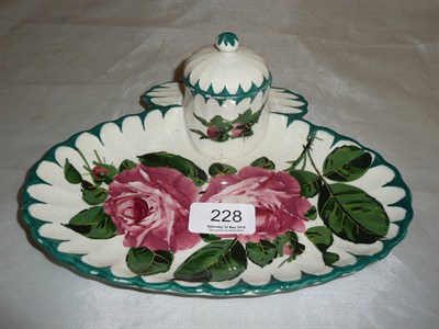 Lot 228 - A Robert Heron "Wemyss Ware" inkstand and cover, of shaped oval form, painted with full blown roses