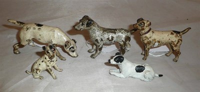 Lot 247 - Five painted bronze Jack Russell and terrier dog figures (some repainting), each 5.5cm