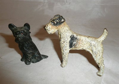 Lot 252 - A cold painted bronze figure of a Wire Haired Fox Terrier, 7.5cm high and a Yorkshire Terrier...