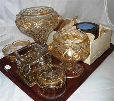 Lot 282 - Tray of gilt decorated glass circular glass trinket box and glass decanter stoppers