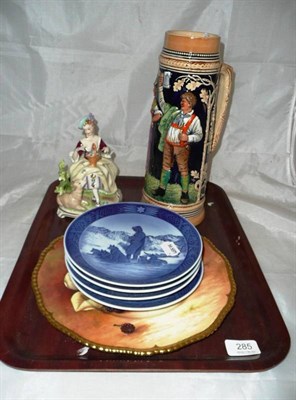 Lot 285 - A Dresden figure, a Coalport plate, four Copenhagen Christmas plates and a German Stein