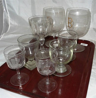 Lot 286 - Pair of wine glasses marked 'B' and six other glasses