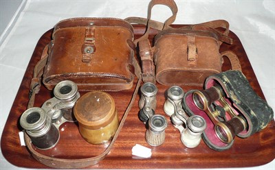 Lot 288 - A collection of opera glasses and binoculars and a horn grease pot