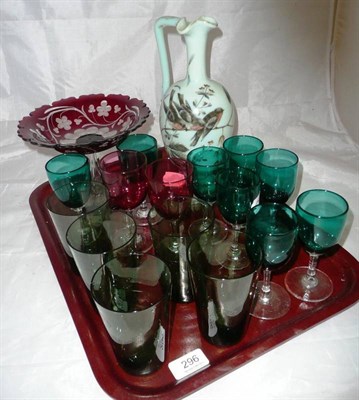 Lot 296 - An overlaid comport and overlaid glass ewer, ten coloured wine glasses and five green lemonade...