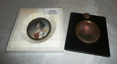 Lot 330 - A piano key miniature, papier mache framed miniature of a man with sideburns