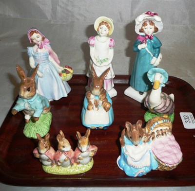 Lot 332 - Three Royal Doulton figures and five Beswick Beatrix Potter figures (8)