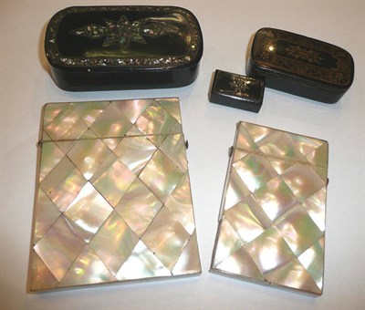 Lot 364 - Two mother of pearl card cases and three papier mache snuff boxes