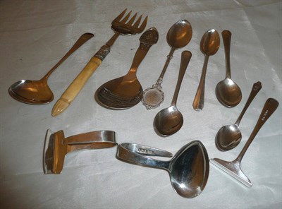 Lot 394 - Danish white metal caddy spoon, baby feeding spoon and fork, and a small quantity of silver...