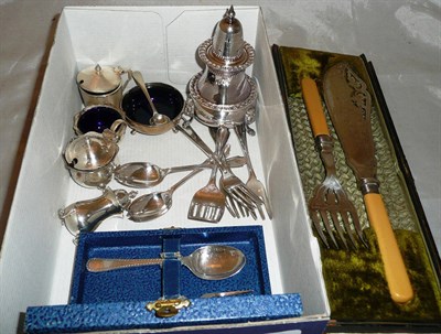 Lot 398 - Silver Christening fork and spoon, silver condiments, fish servers, plated flatware etc