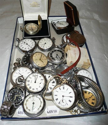 Lot 399 - A silver pocket watch, a nickel plated pocket watch, a centre seconds pocket watch and two...