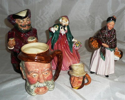 Lot 409 - Two Royal Doulton figures, Royal Doulton Toby jug and two character jugs (5)