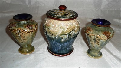 Lot 415 - Royal Doulton stoneware jar and cover and a pair of small Doulton vases