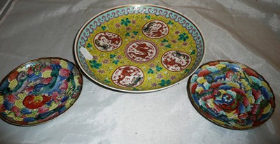 Lot 417 - A Chinese famille jeune saucer dish and a pair of Chinese bat painted saucers (3)