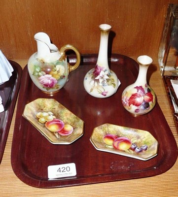 Lot 420 - Five pieces of Royal Worcester fruit and flower painted porcelain including two spoon dishes signed