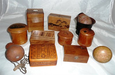 Lot 422 - A Mauchlineware box and cover, an olivewood card box, eight pieces of treen, two gourd flasks and a