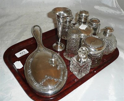 Lot 423 - Dressing table silver mounts, glass bottles, silver mounted dressing mirror and small silver vase