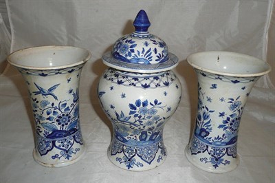 Lot 426 - Pair of Delft vases and a matching vase and cover