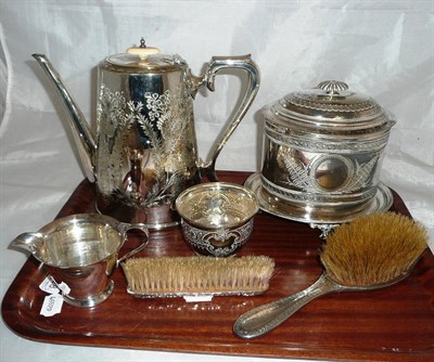 Lot 428 - A silver fruit knife; a nail buffer; a magnifier; two brushes and a quantity of plate