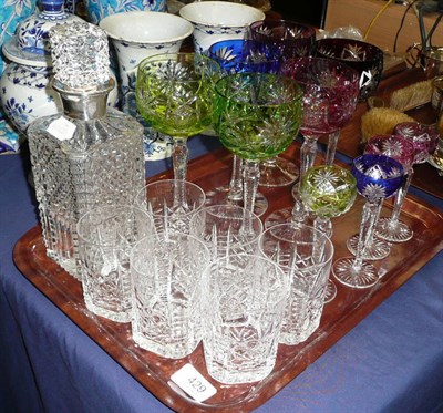 Lot 429 - Tray of coloured hock glasses, decanter with silver collar, tumblers etc