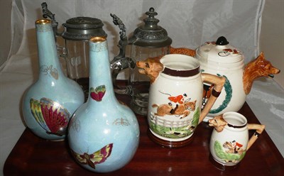 Lot 430 - Tray including glass beer steins, three piece hunting tea set, pair of Carlton ware lustre vases