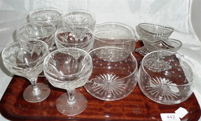 Lot 442 - A tray including a pair of cut glass salts, three rinses and a set of six drinking glasses