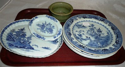 Lot 447 - Four Chinese export blue and white plates, a 17th century Chinese Celadon vase, a 18th century...