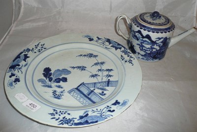 Lot 450 - A Chinese blue and white circular dish, fritted, and Chinese blue and white tea pot