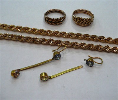 Lot 459 - A necklace with clasp stamped '375', a pair of earrings stamped 9ct and two 9ct gold rings