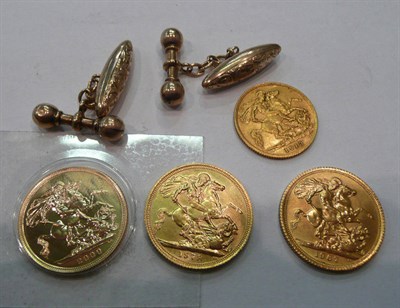 Lot 479 - Three full sovereigns, 1967, 1978, 2000, a half sovereign 1913 and a pair of 9ct gold cuff links