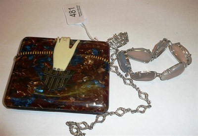 Lot 481 - Art Deco marbled plastic cigarette case with hand clasp, a paste coronet brooch, a chalcedony...