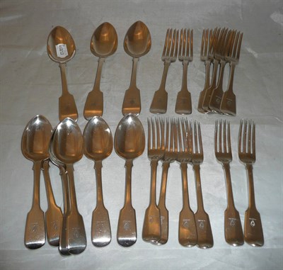 Lot 491 - William IV silver part canteen, comprising six table forks, six dessert forks, six dessert...