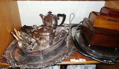 Lot 500 - A large plated tray with twin handles and foliate border, a plated four piece tea service,...