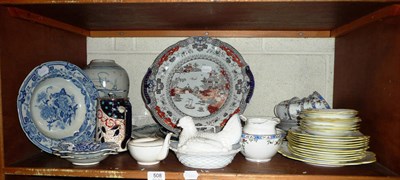 Lot 508 - Shelf of ceramics including Foley tea wares, Imari plate, blue and white pickle dishes, Mason's...