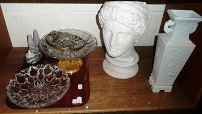 Lot 511 - Shelf including Japanese vase, composition bust, pedestal bowl with gilt dolphin mounts and a...