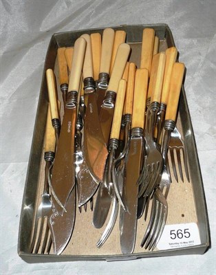 Lot 565 - Quantity of fish cutlery, with plated blades and silver mounts