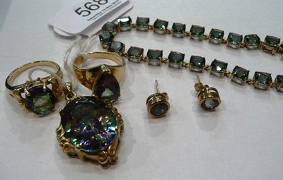 Lot 568 - A 9ct gold coated stone pendant, two rings, a bracelet (with diamond-set catch) and a pair of...