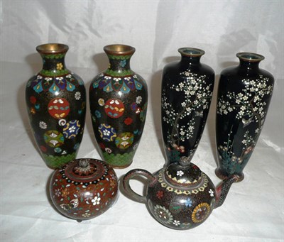 Lot 588 - Pair of Japanese cloisonne vases, another pair (a.f.), a small teapot, a miniature vase and cover