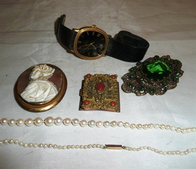 Lot 591 - Green paste brooch, cameo brooch, gilt metal clasp, pearl necklet and an Omega De Ville gent's...