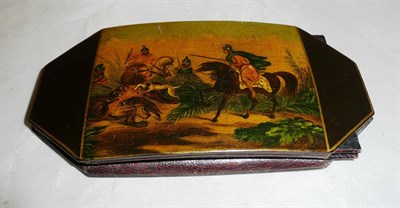 Lot 592 - A 19th century papier mache spectacle case painted with a lion hunt