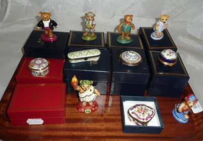 Lot 601 - Nine Halcyon Days porcelain Teddy bear figures, two Halcyon days cased enamels and four Limoges...