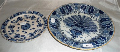 Lot 637 - 18th century Delft blue and white plate, and a peacock pattern dish