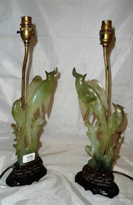 Lot 638 - Pair of Chinese jade type birds, with stands to form table lamps and the shades